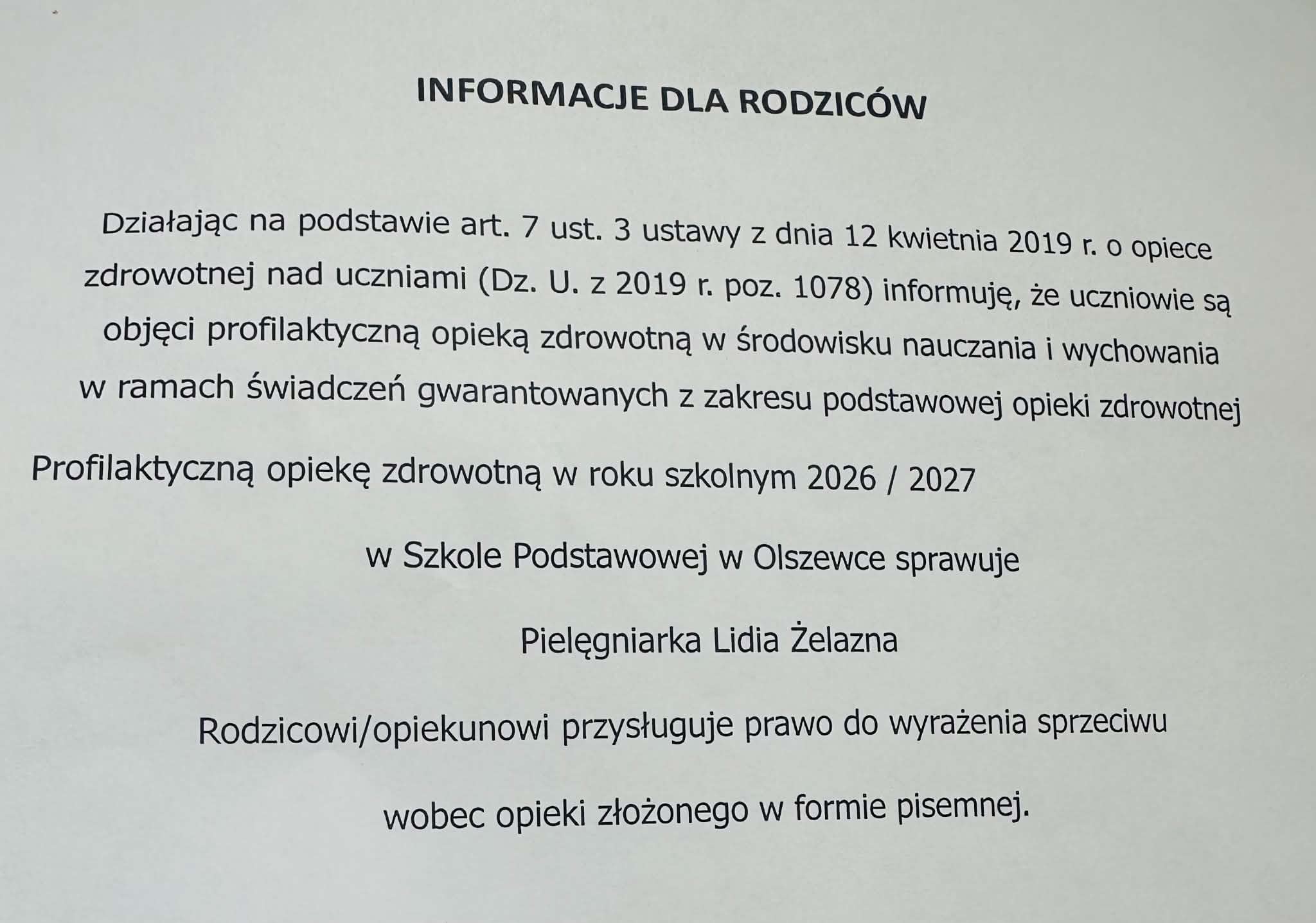 INFORMACJE DLA RODZIC&Oacute;W